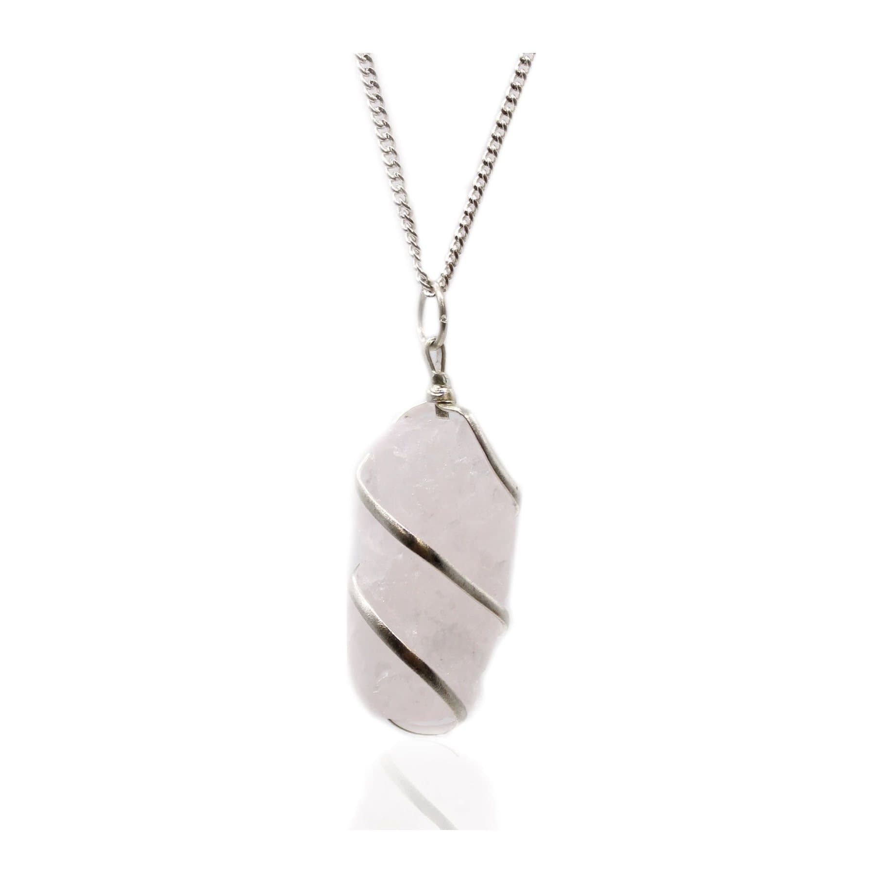 Raw pink rose quartz pendant wrapped in thin wires on a chain