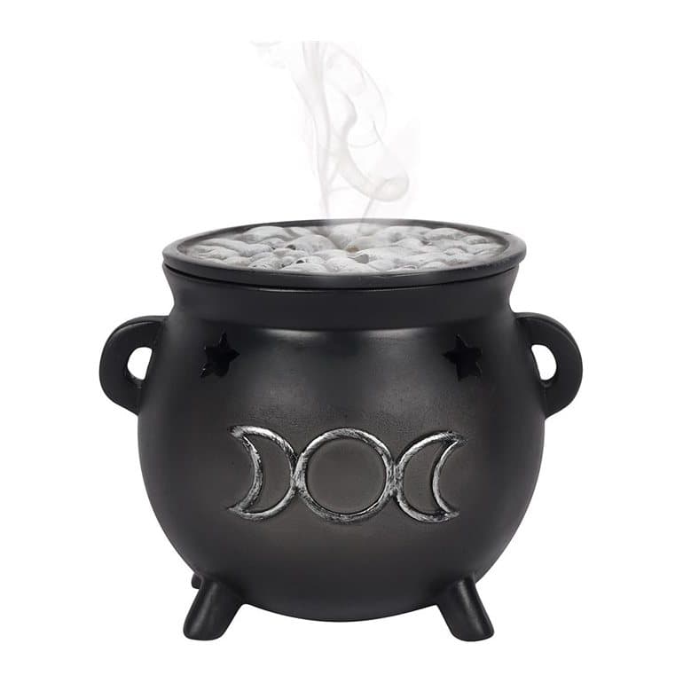 Resin triple moon cauldron incense cone holder with cutout stars