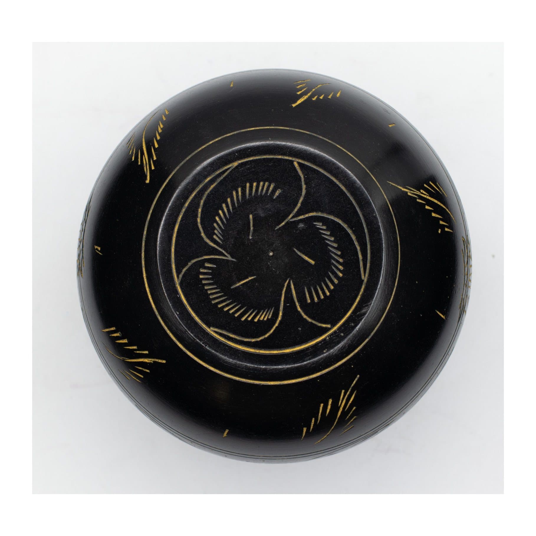 Black cauldron-shaped singing bowl with mushroom and floral artwork