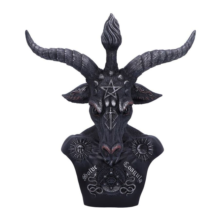 Black and silver resin Baphomet bust, winged and goat-headed
