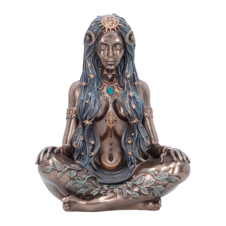 Mini bronze-finish goddess figurine seated cross-legged with dark blue hair