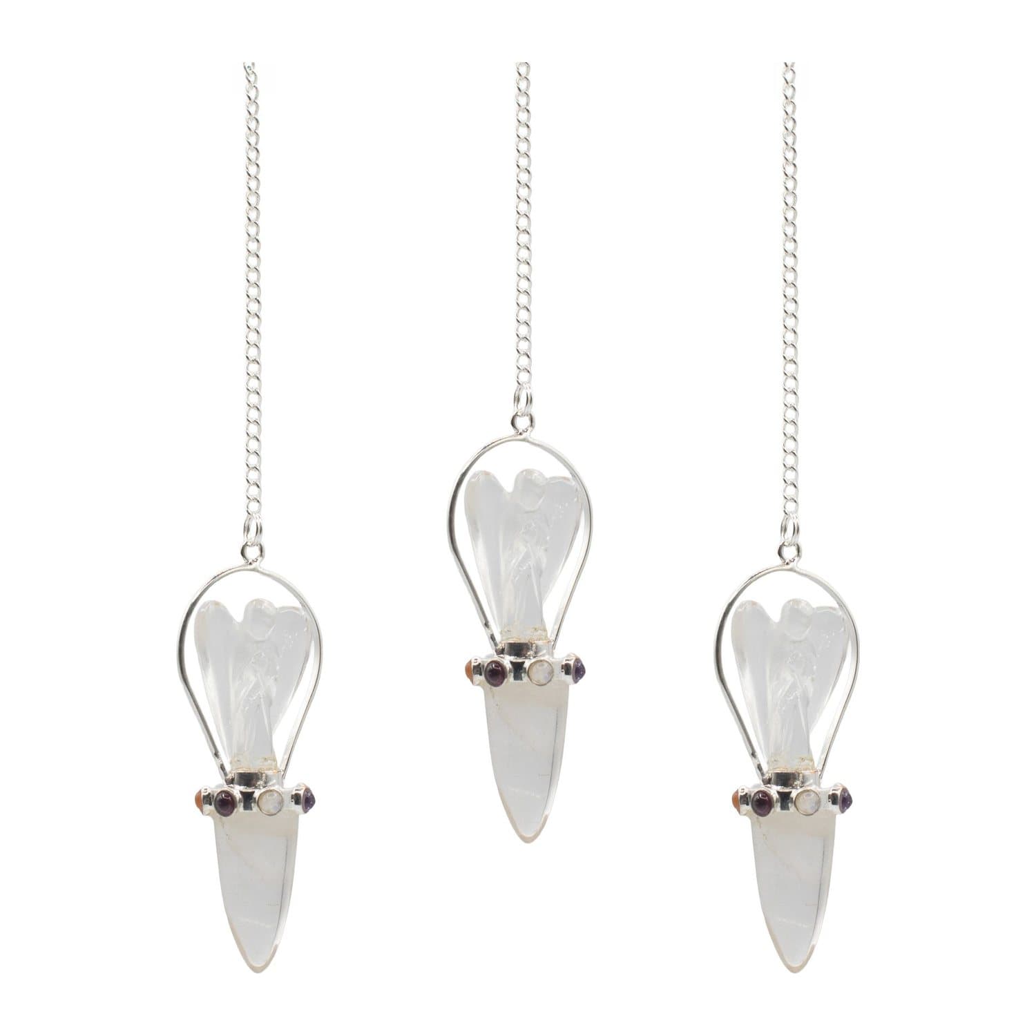 Clear quartz pendulum with carved angel, quartz point and chakra band