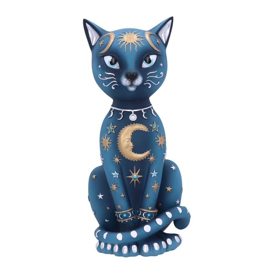 Blue hand-painted cat ornament with gold moon and stars and a silver collar