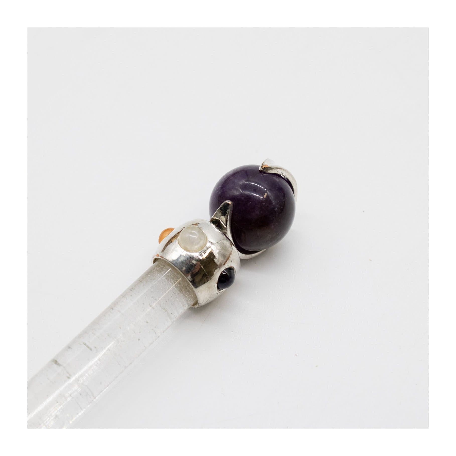 Small crystal wand with a clear stem, a purple amethyst sphere and a pink sphere