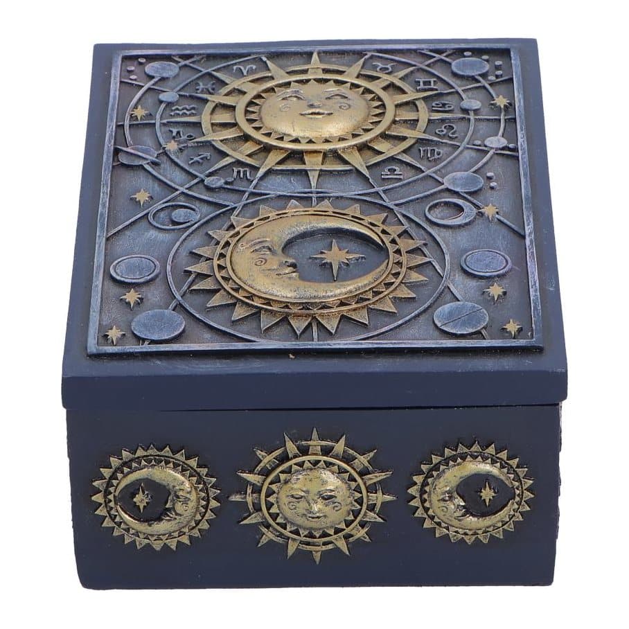 Blue and gold resin box with a moon on the lid and sun motif