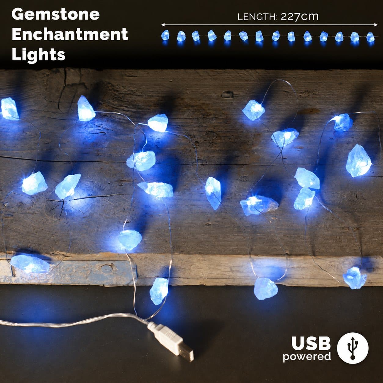 String of celestite crystal rocks glowing with warm light