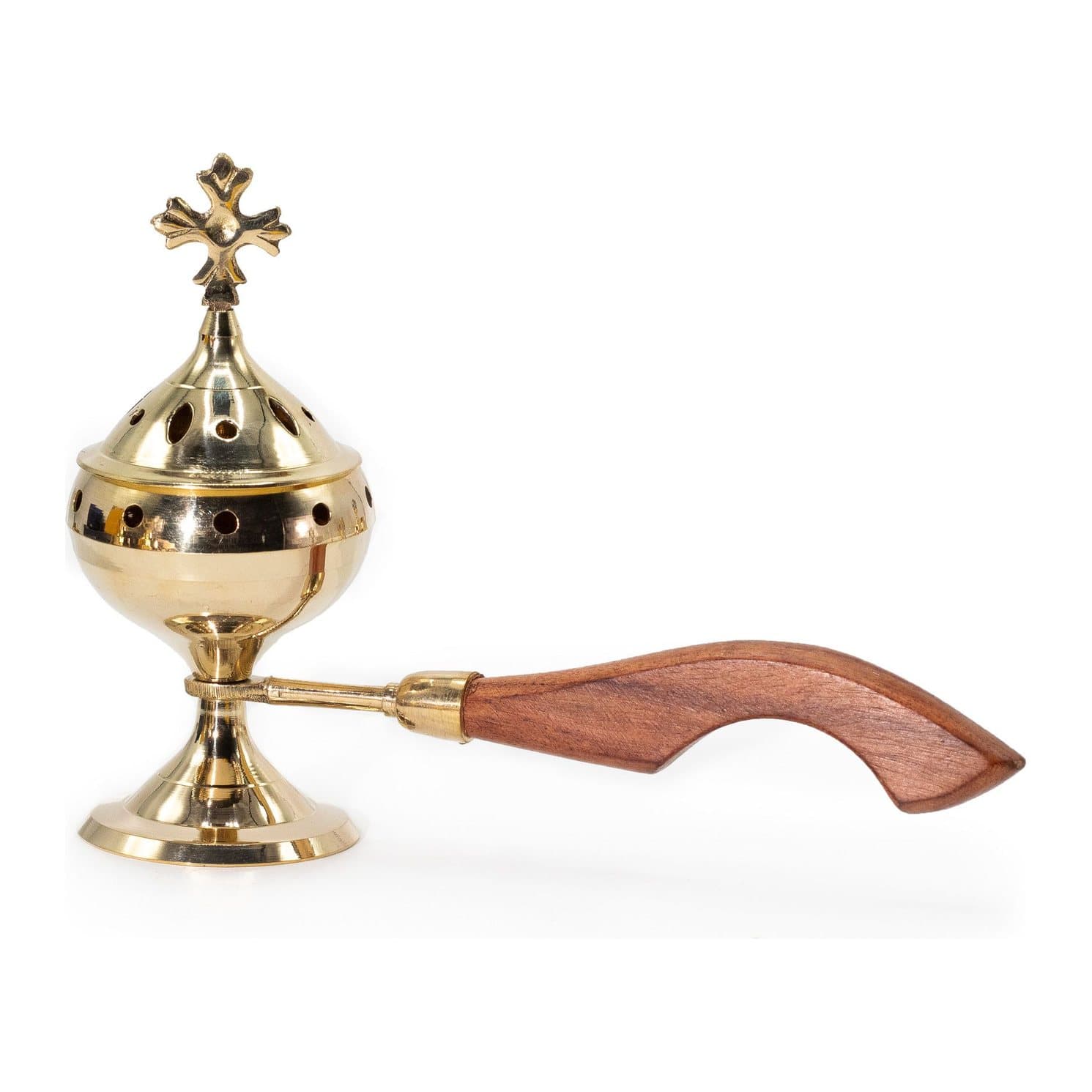 Brass censer with curved wooden handle and domed lid topped with a cross