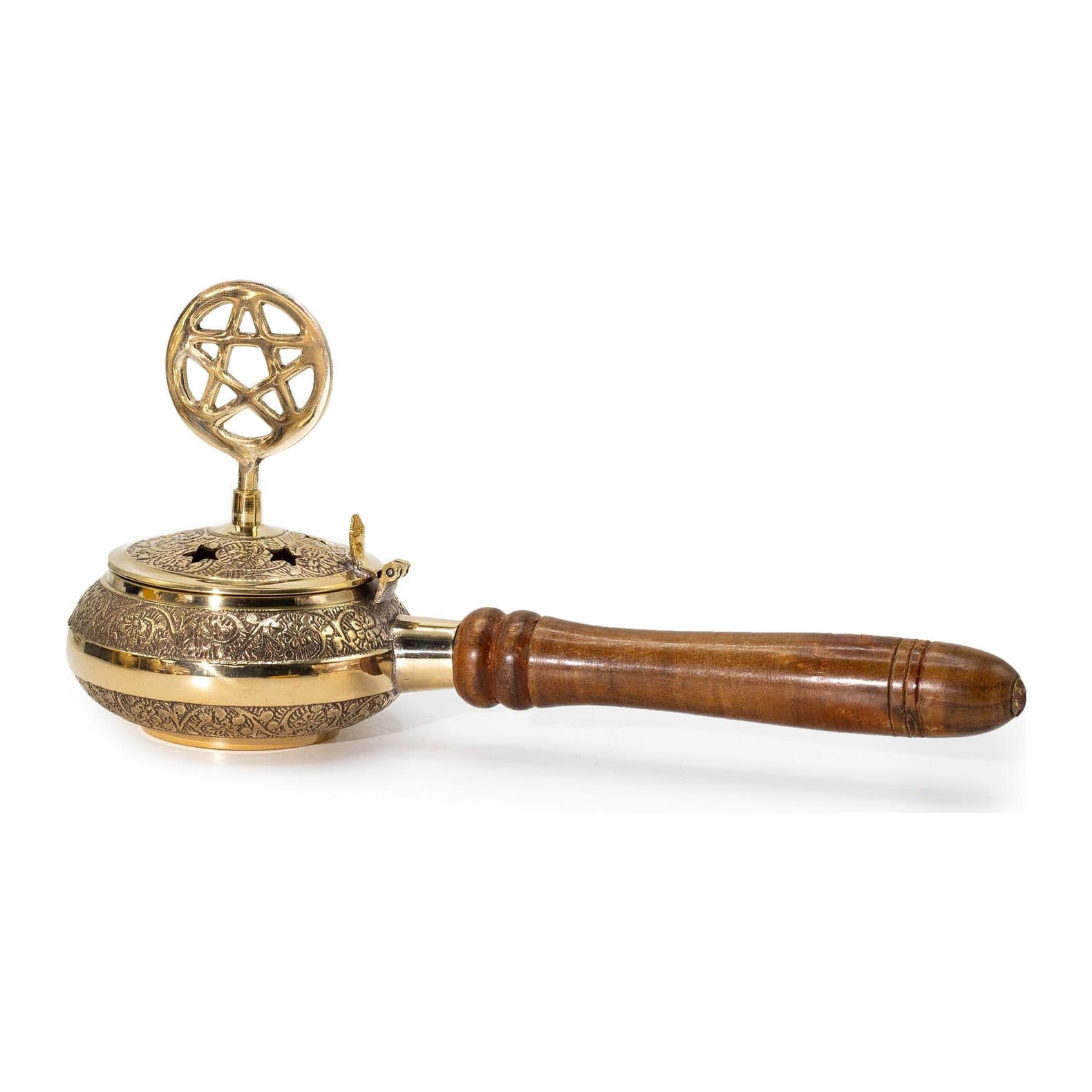 Brass censer with wooden handle, star-shaped vents and a pentagram finial