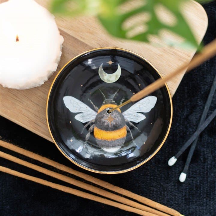 Bone china incense plate with forest bee, silvery moon and golden stars