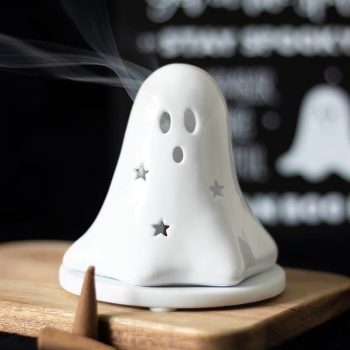 Stoneware ghost tealight and incense cone holder