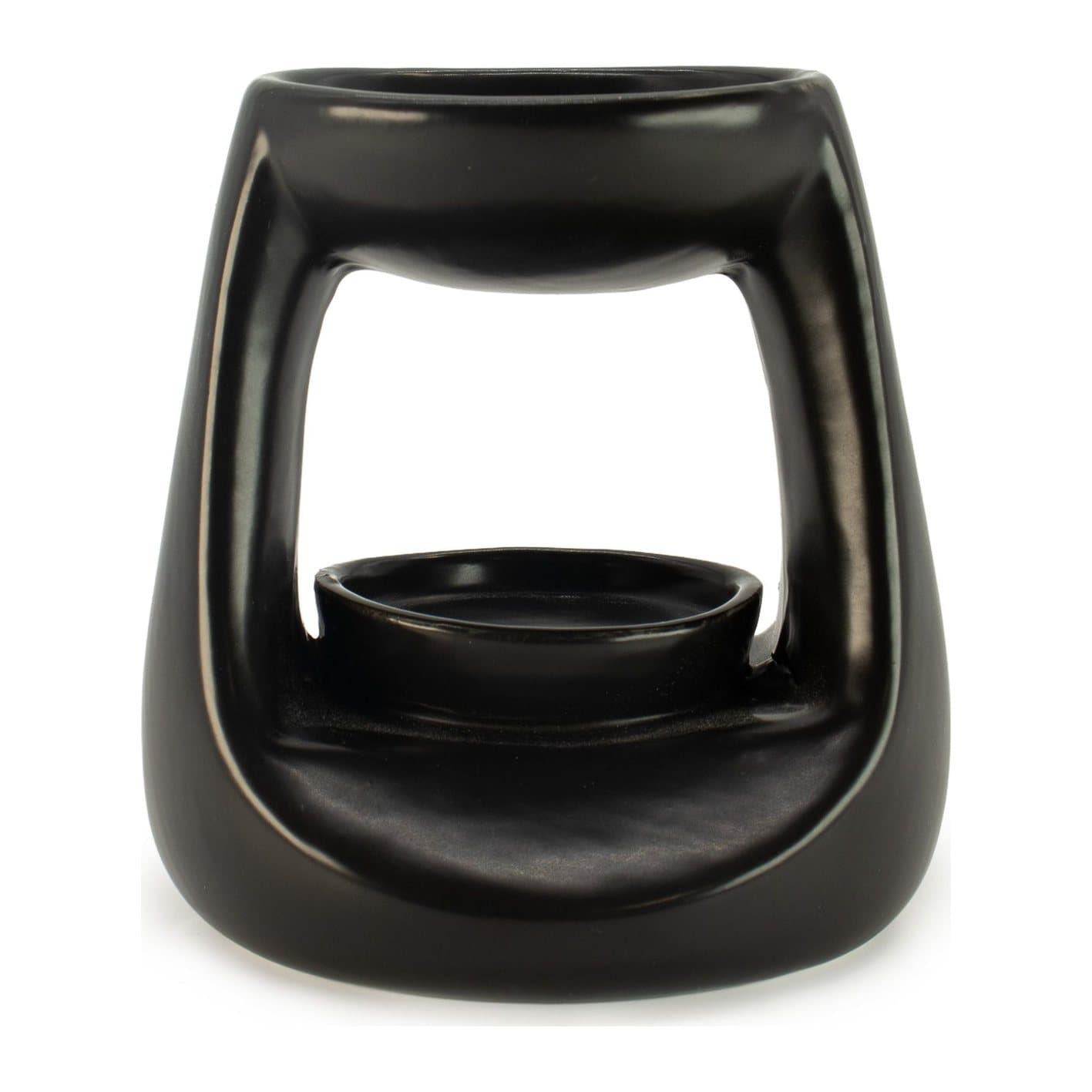 Small matt black ceramic oil burner with a rounded dish and open front