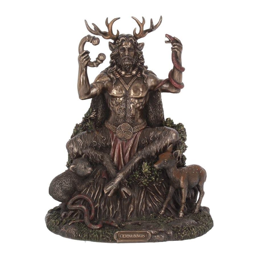 Bronze-finish Cernunnos figurine seated on a tree stump with animals