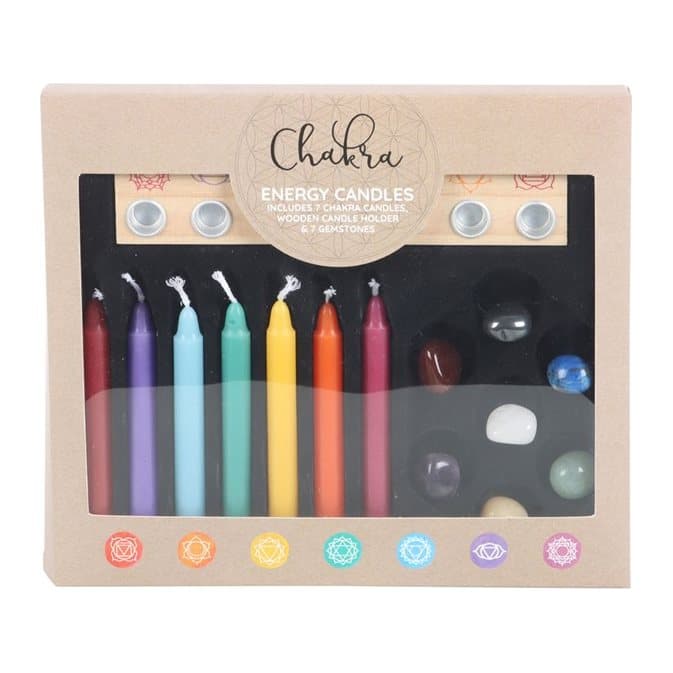 Chakra candle and crystal gift set in a colour cardboard box with window