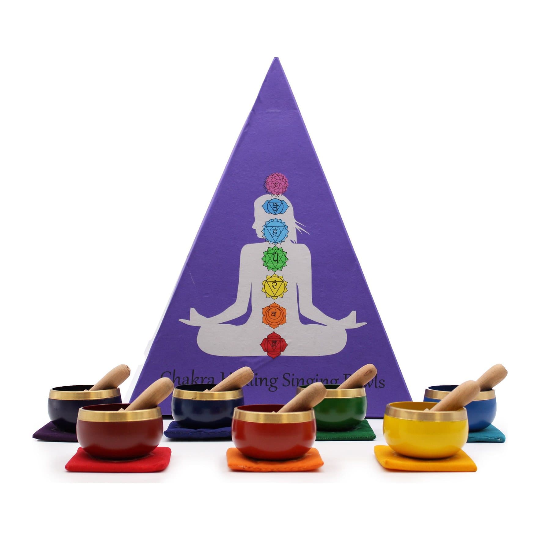 Seven chakra singing bowls in a pyramid-shape box