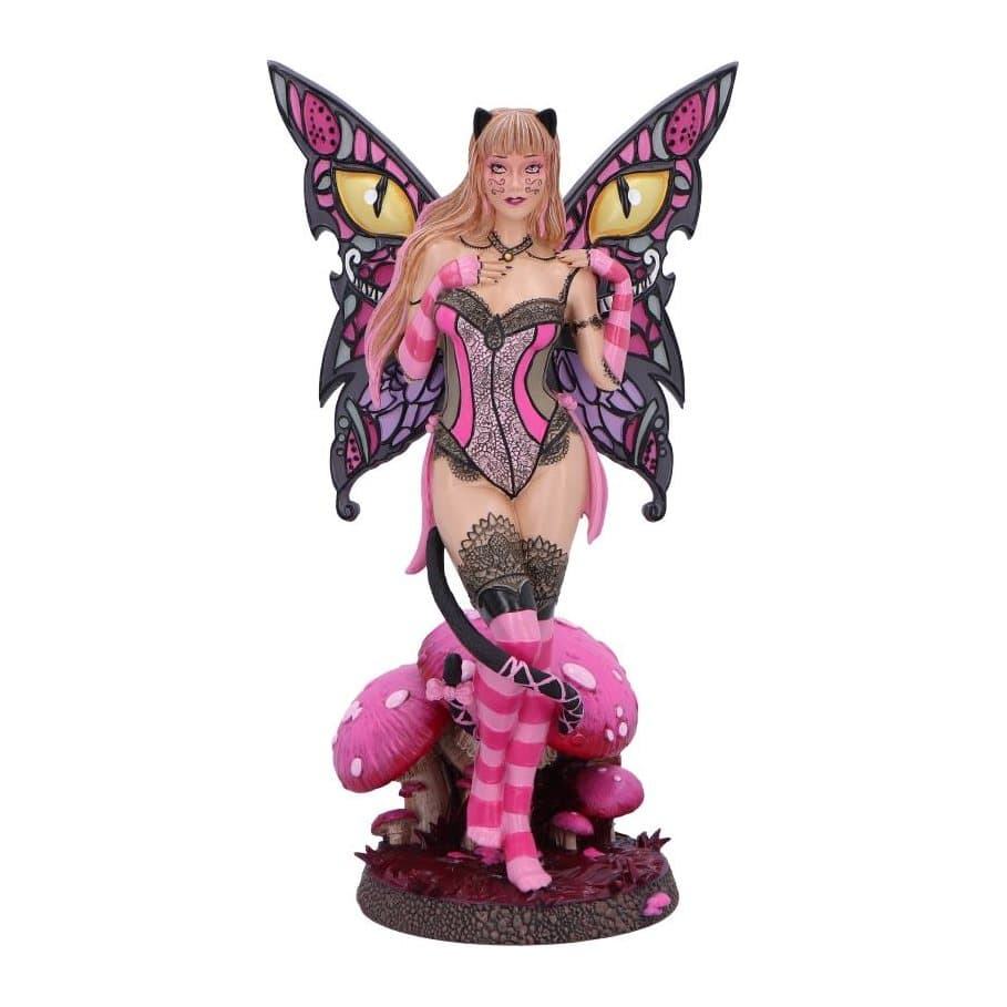 Cheshire Cat fairy in pink lace and striped stockings among pink spotty mushrooms