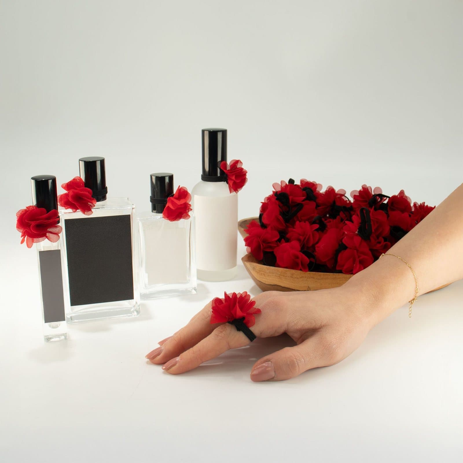 Chiffon flower rings on elastic bands in rose red, navy, pink, lavender, yellow and black