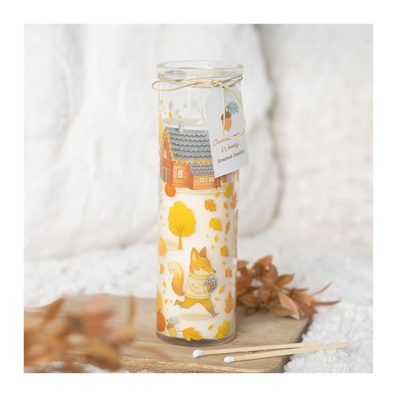 Cinnamon Woods scented glass tube candle with a fall-inspired print