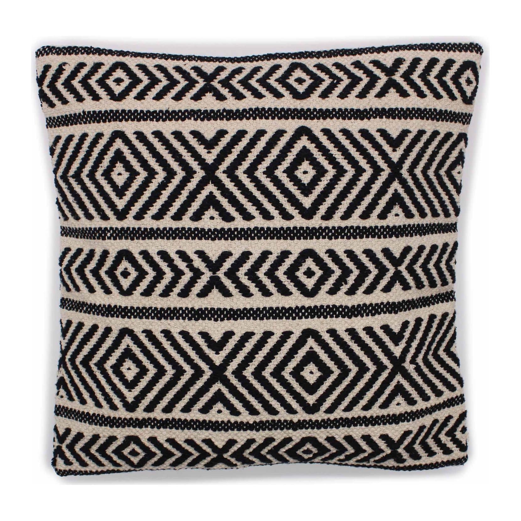 Cushion cover with geometric tribal patterns in black and natural tones