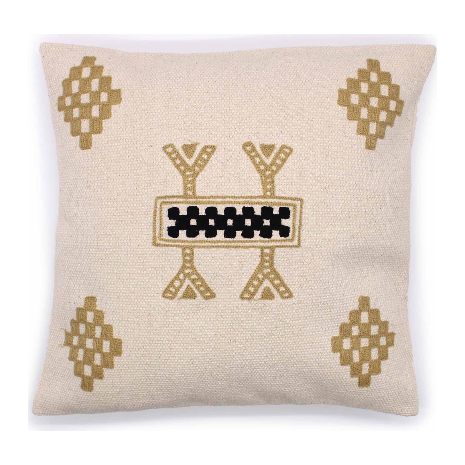 Cream cotton cushion cover with Berber-inspired motifs in warm neutral tones