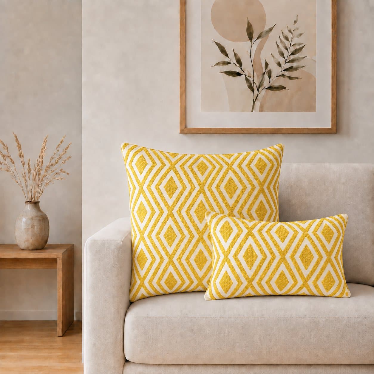 Mustard woven cushion cover with repeating diamonds, 60 x 60 cm