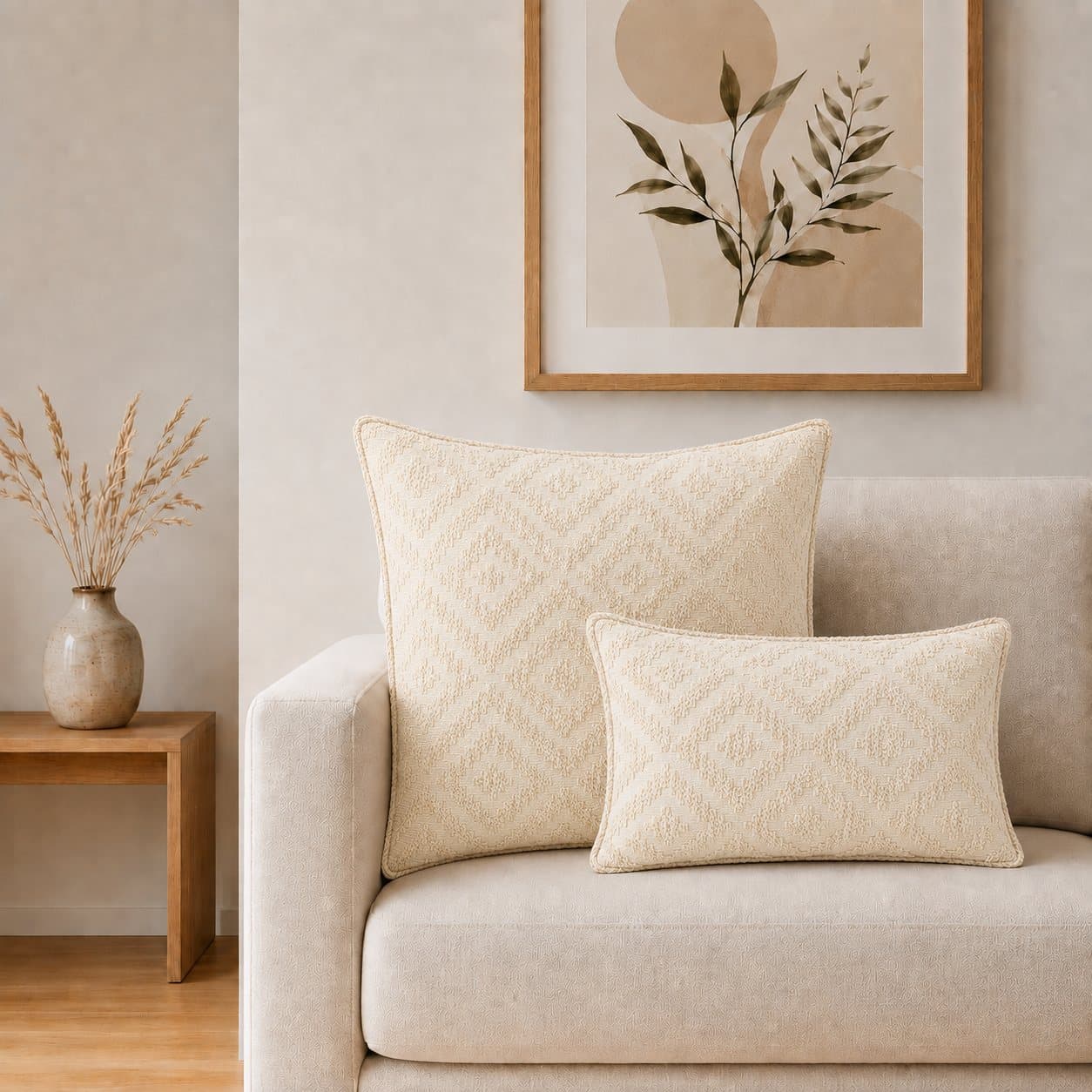 Creme geometric woven jumbo cushion cover, 60 x 60 cm