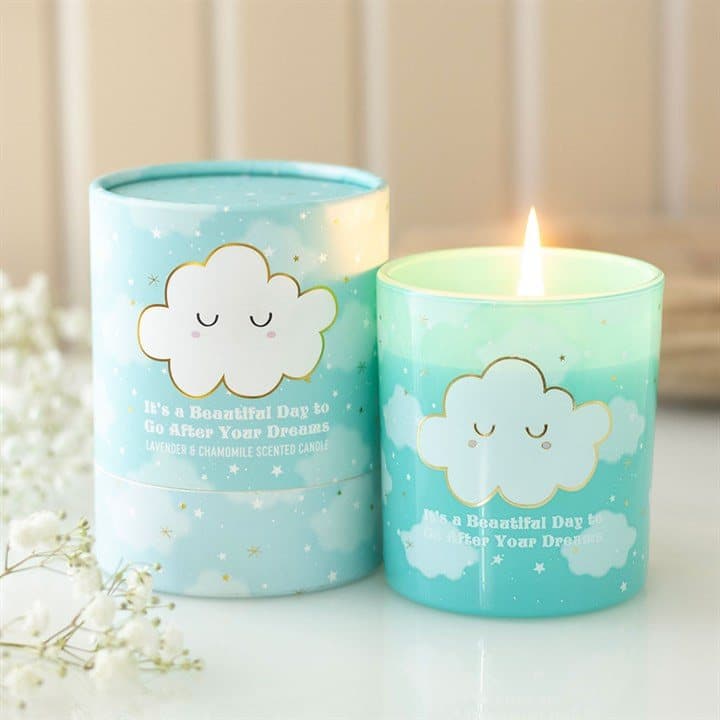Glass candle with a cloud print in a colour cardboard box