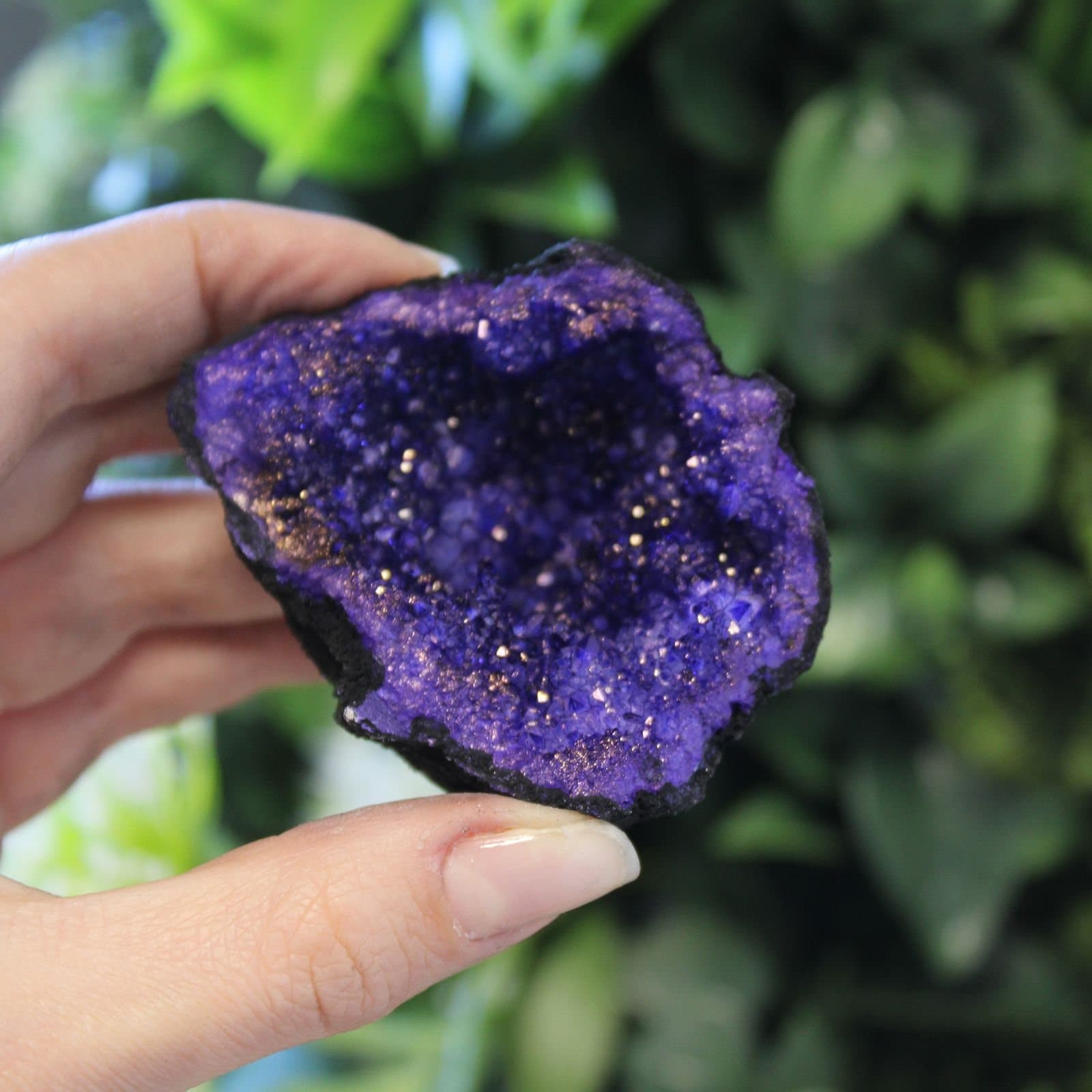 Black rock calcite geode with turquoise and purple crystals