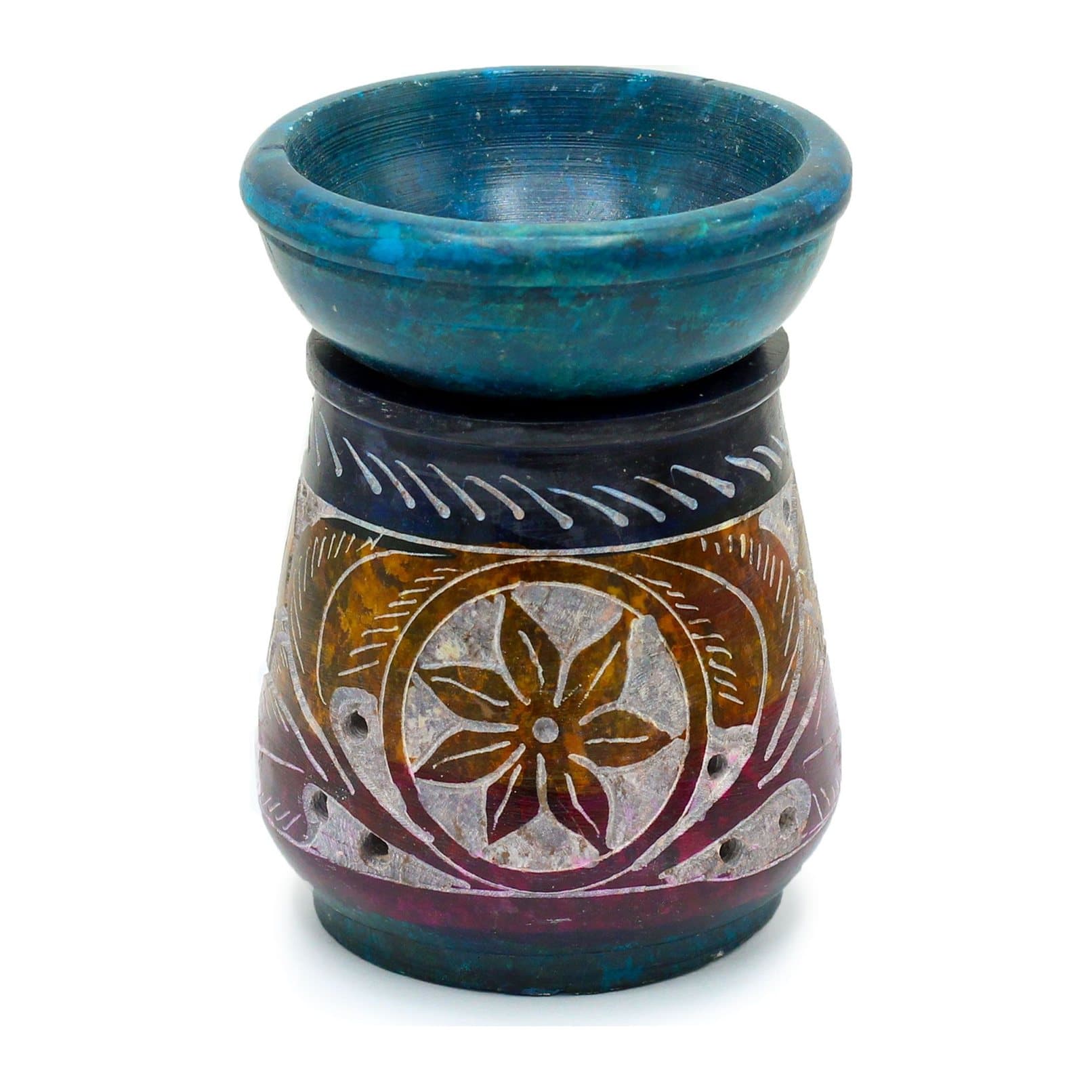 Small blue and brown soapstone oil burner with a flower motif