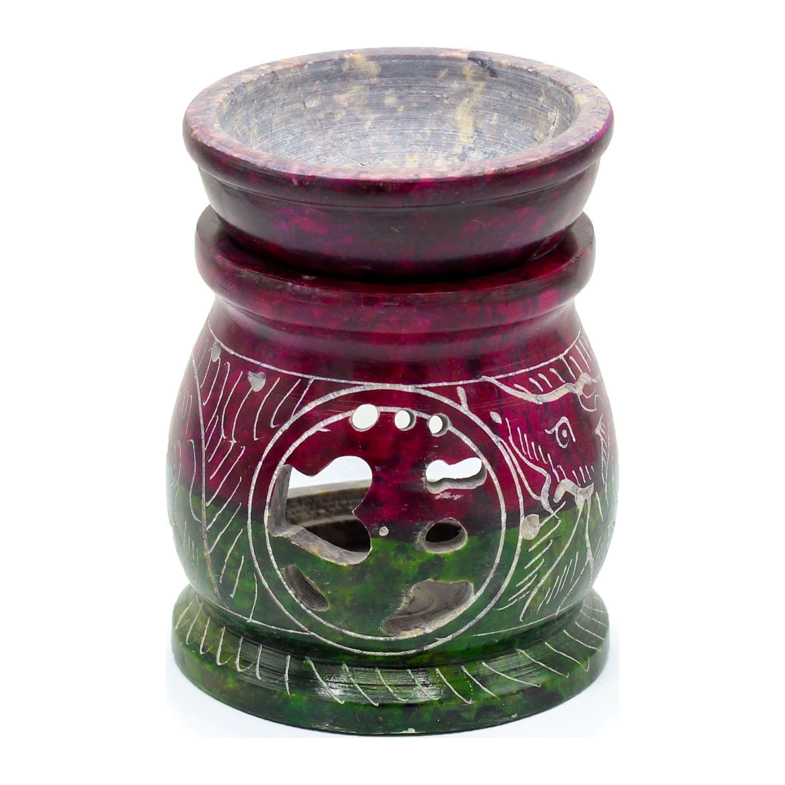 Small red and green soapstone oil burner carved with Om and an elephant