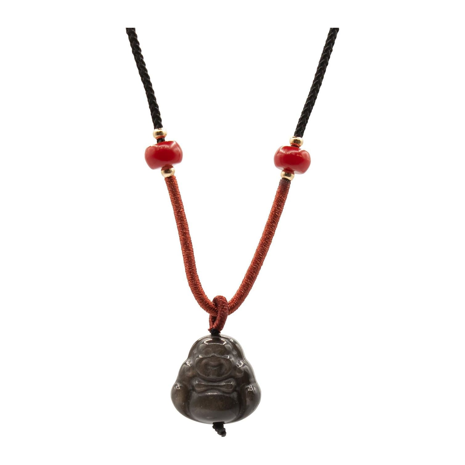 Silver obsidian Buddha pendant on a cord necklace with decorative beads