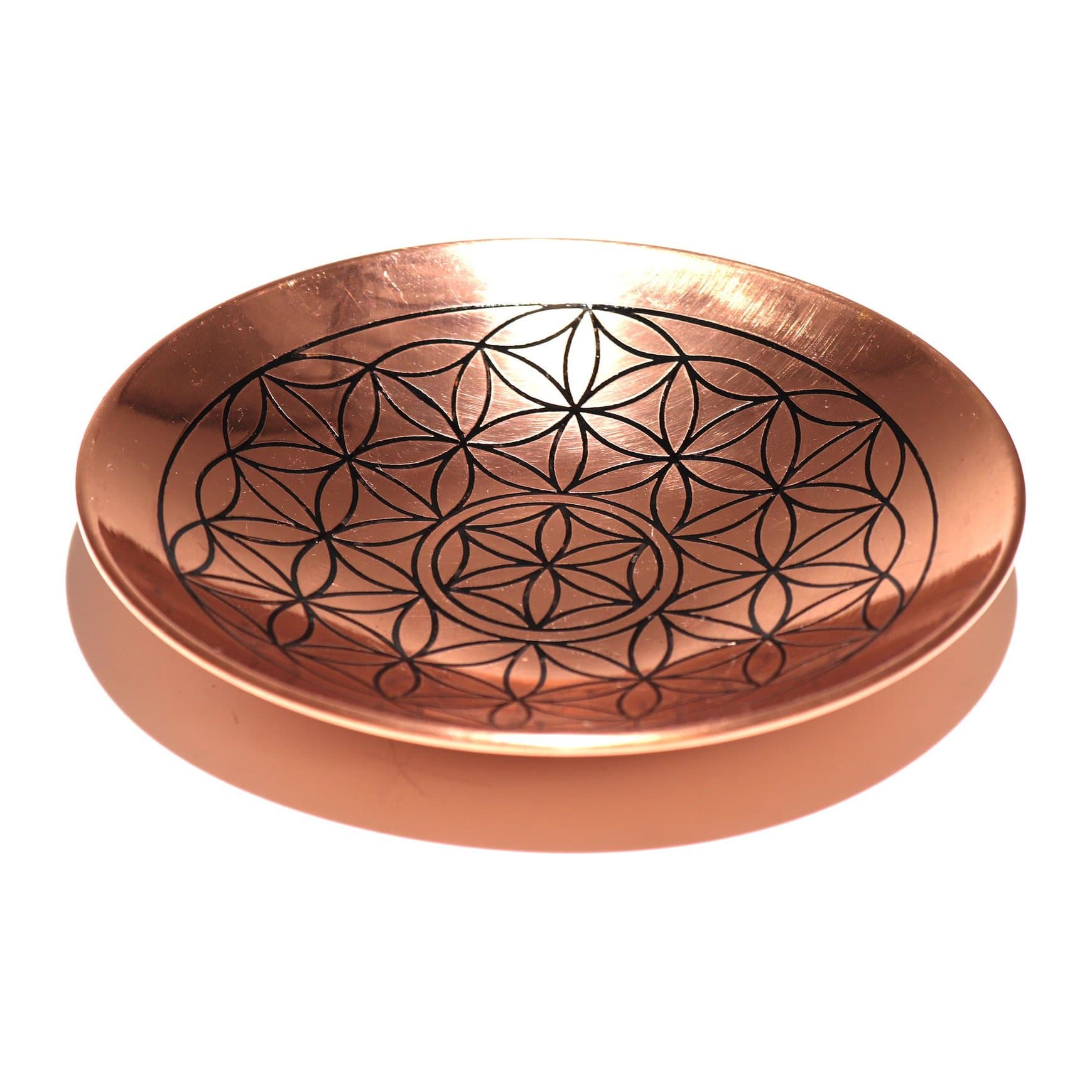 Polished copper plate etched with the Flower of Life pattern
