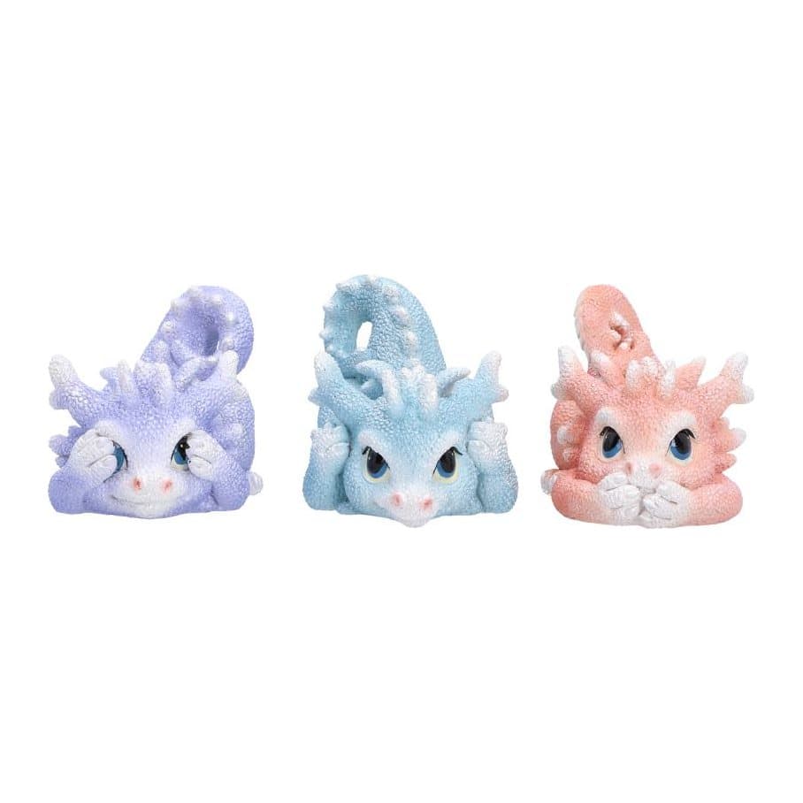 Three miniature hand-painted dragon figurines in purple, pink and blue with coral scales