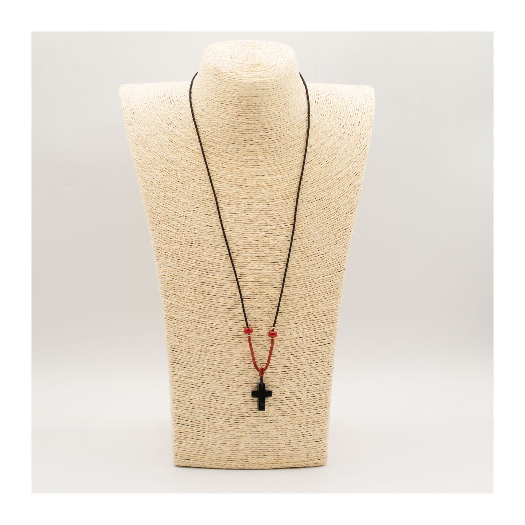Black agate cross pendant on a beaded adjustable cord