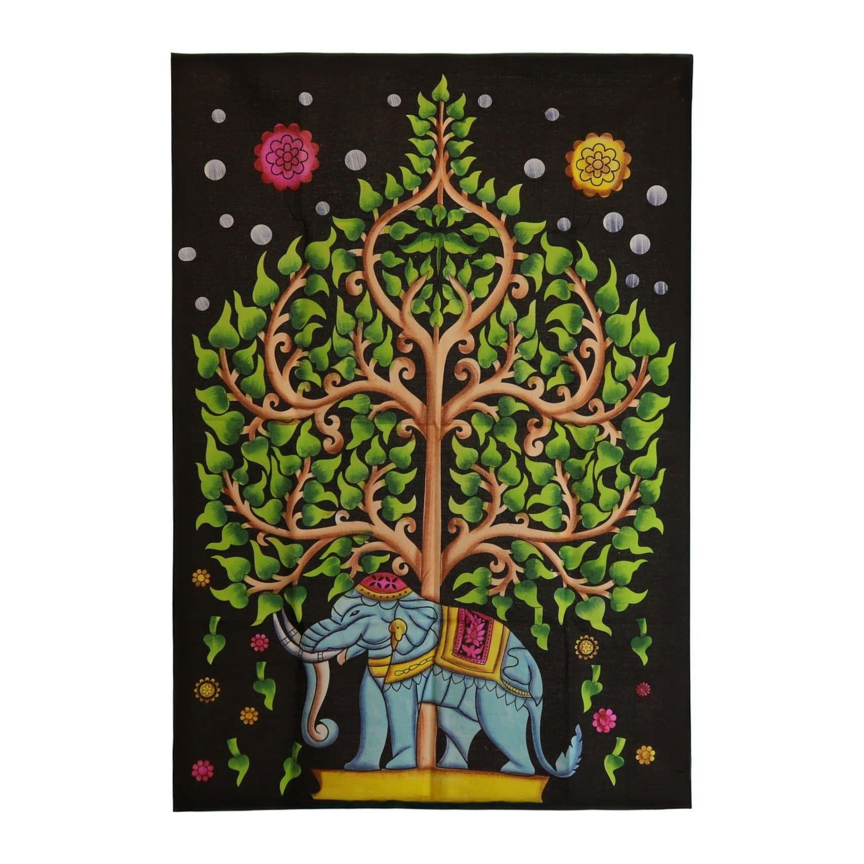 Elephant and Tree of Life cotton wall hanging in greens and blues