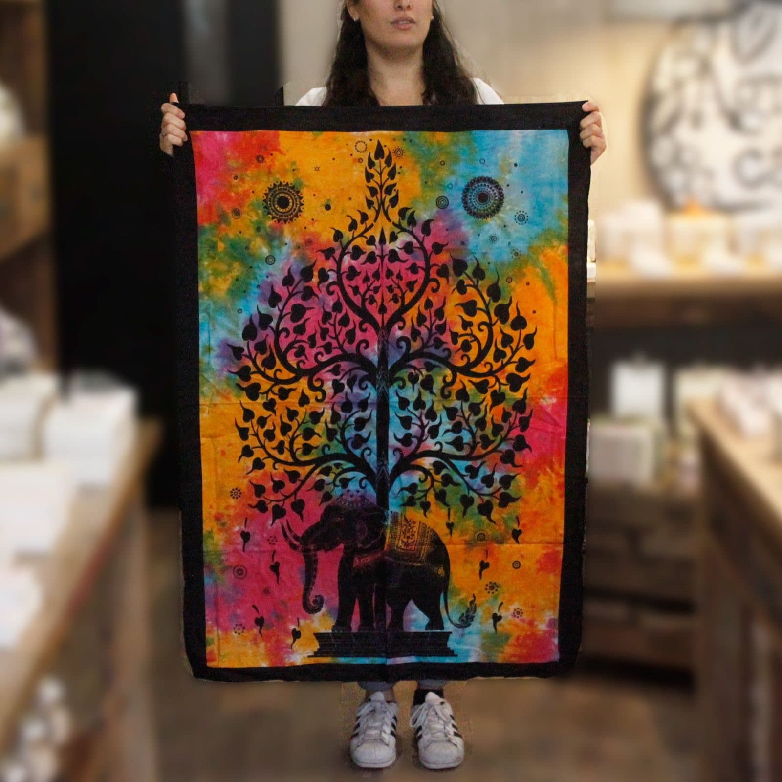 Cotton elephant tree wall hanging in vibrant colours