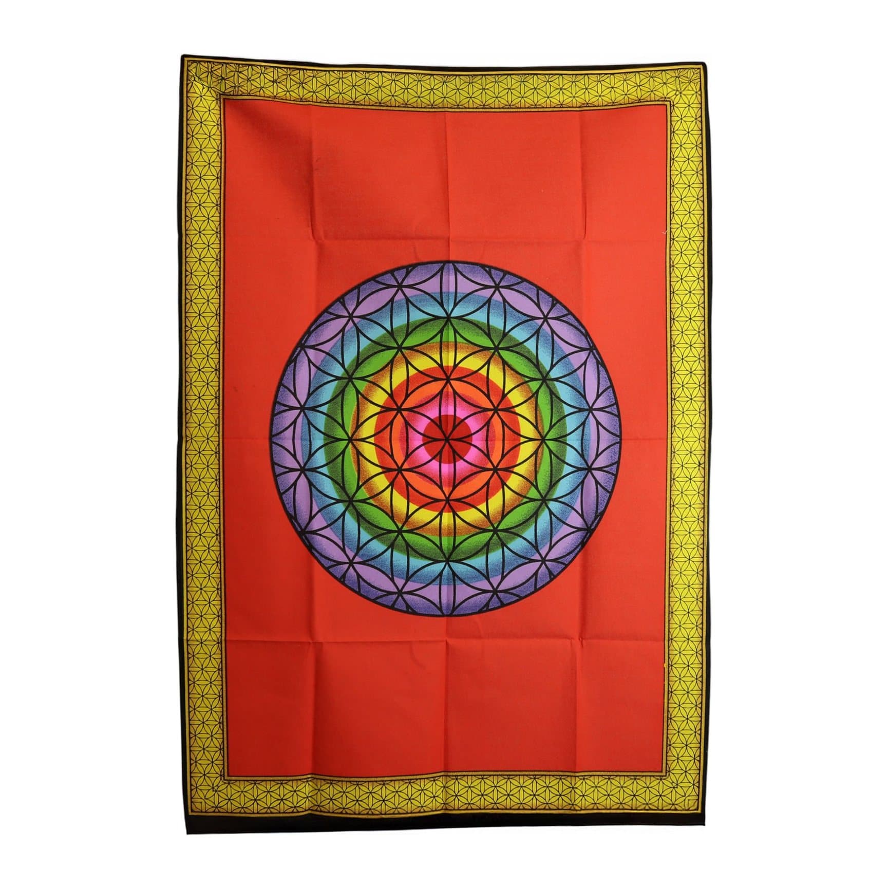 Rainbow Flower of Life pattern on a red cotton wall hanging