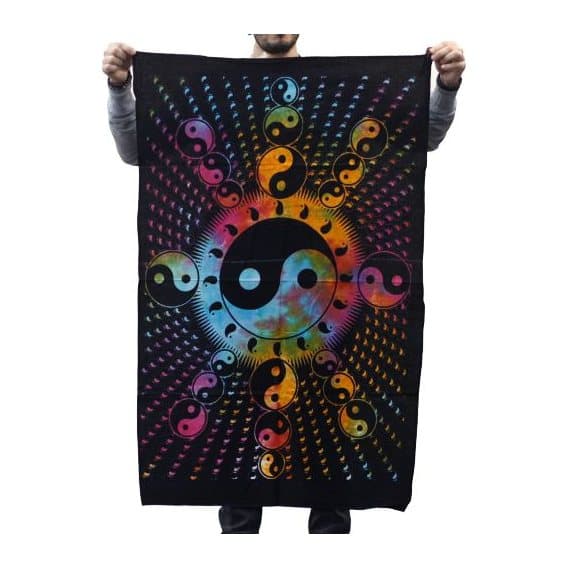 Cotton Yin Yang wall hanging with radiating patterns on black