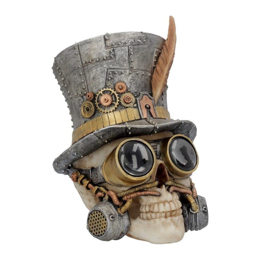 Steampunk skull in a mechanical top hat with feather and large goggles