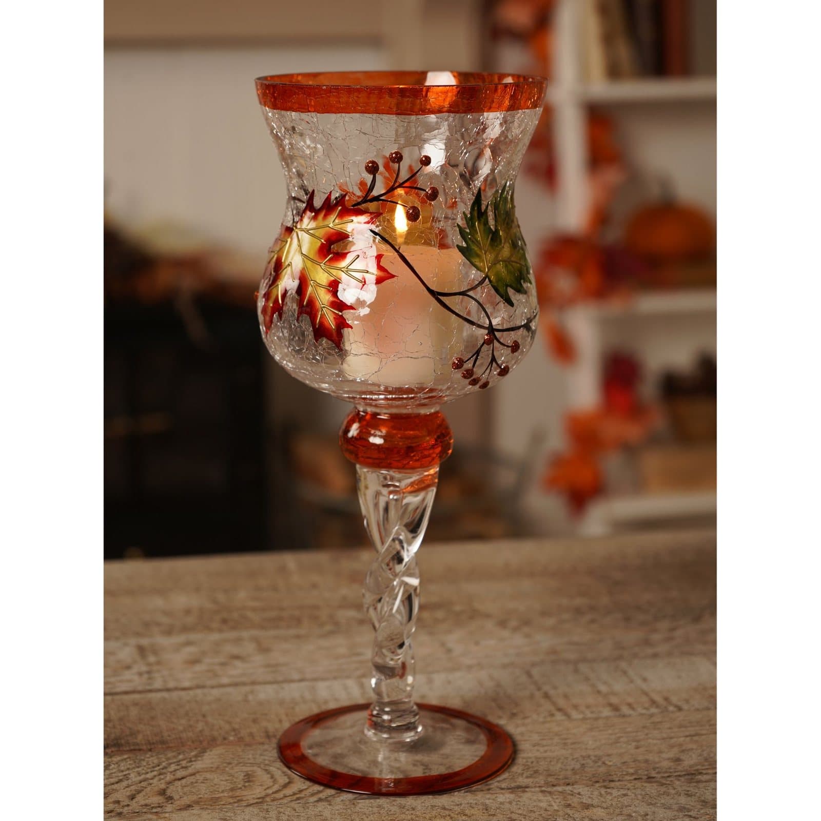 Hand-painted autumn leaf glass candle goblet