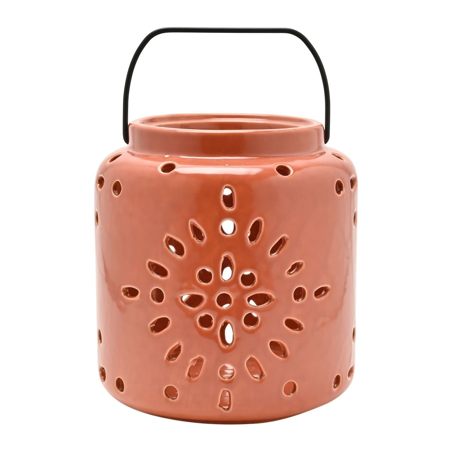 Terracotta glazed ceramic lantern with circular pattern holes