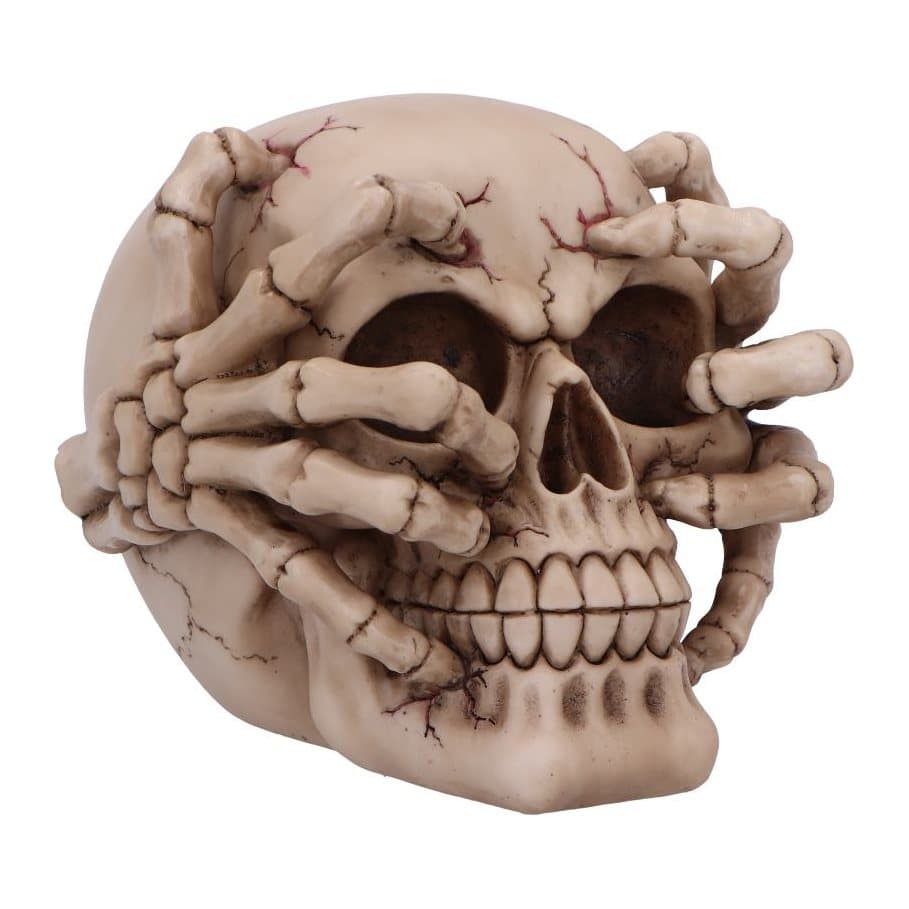 Cracked resin skull with skeletal hands covering its eyes