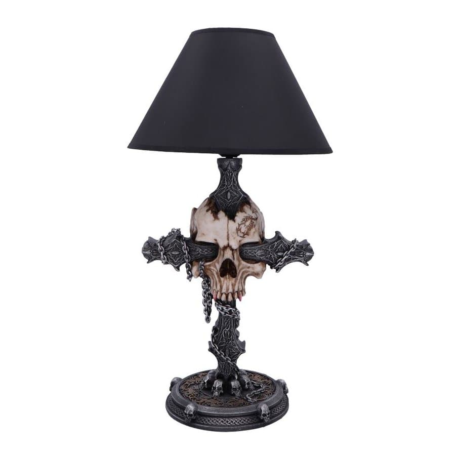 Cranium Crucis table lamp with a resin skull, crucifix stem and deep red lampshade