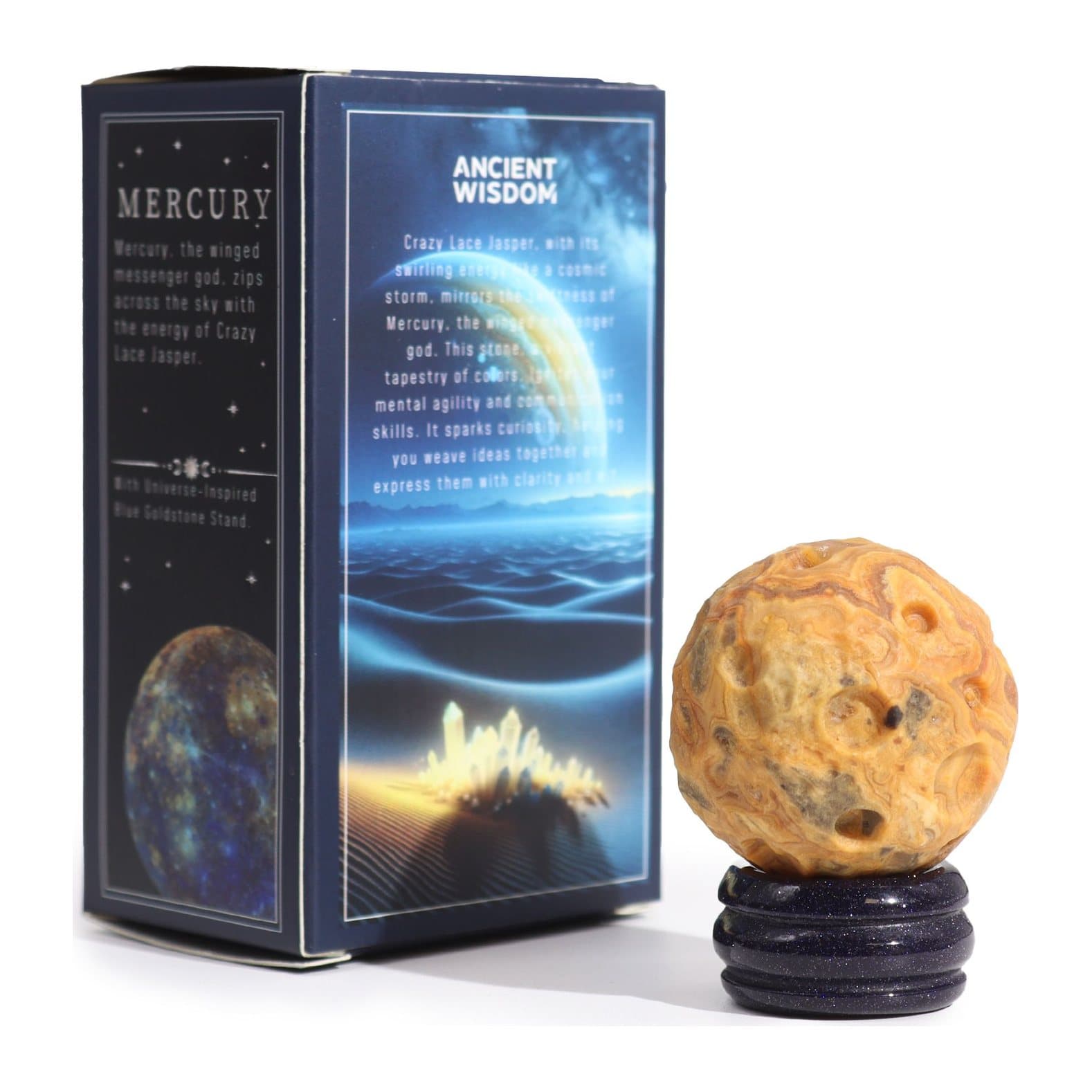 Crazy lace jasper sphere resting on a goldstone stand