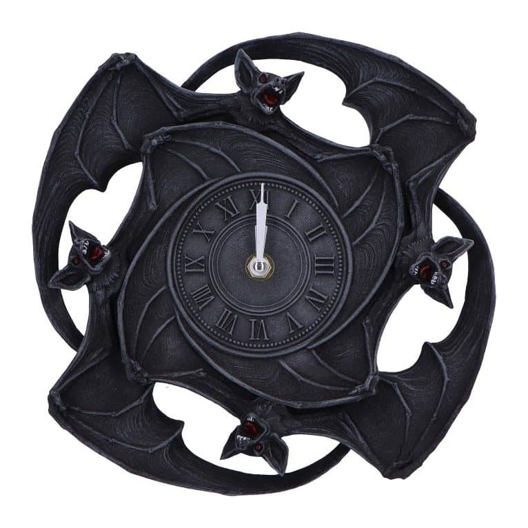 Gothic wall clock with four bats around the edge and Roman numerals