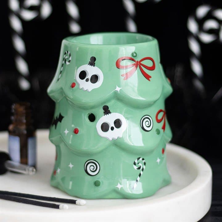 Ceramic Christmas tree oil burner with skulls, candy canes and bows