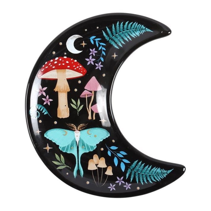 Crescent moon trinket dish with a dark forest print and golden stars