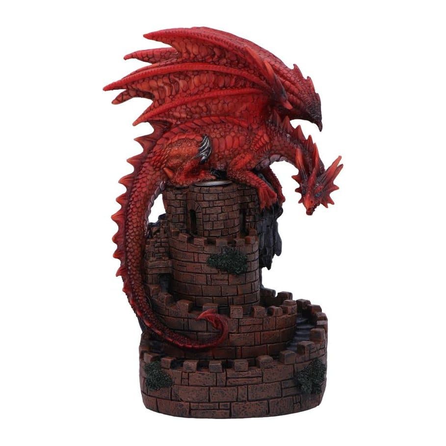 Red dragon on a castle keep with spiralling stairs, a backflow incense burner