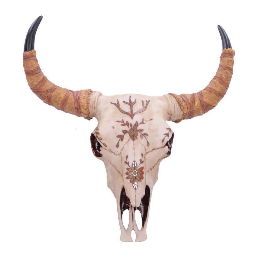Hand-painted bull skull ornament with floral and branch accents