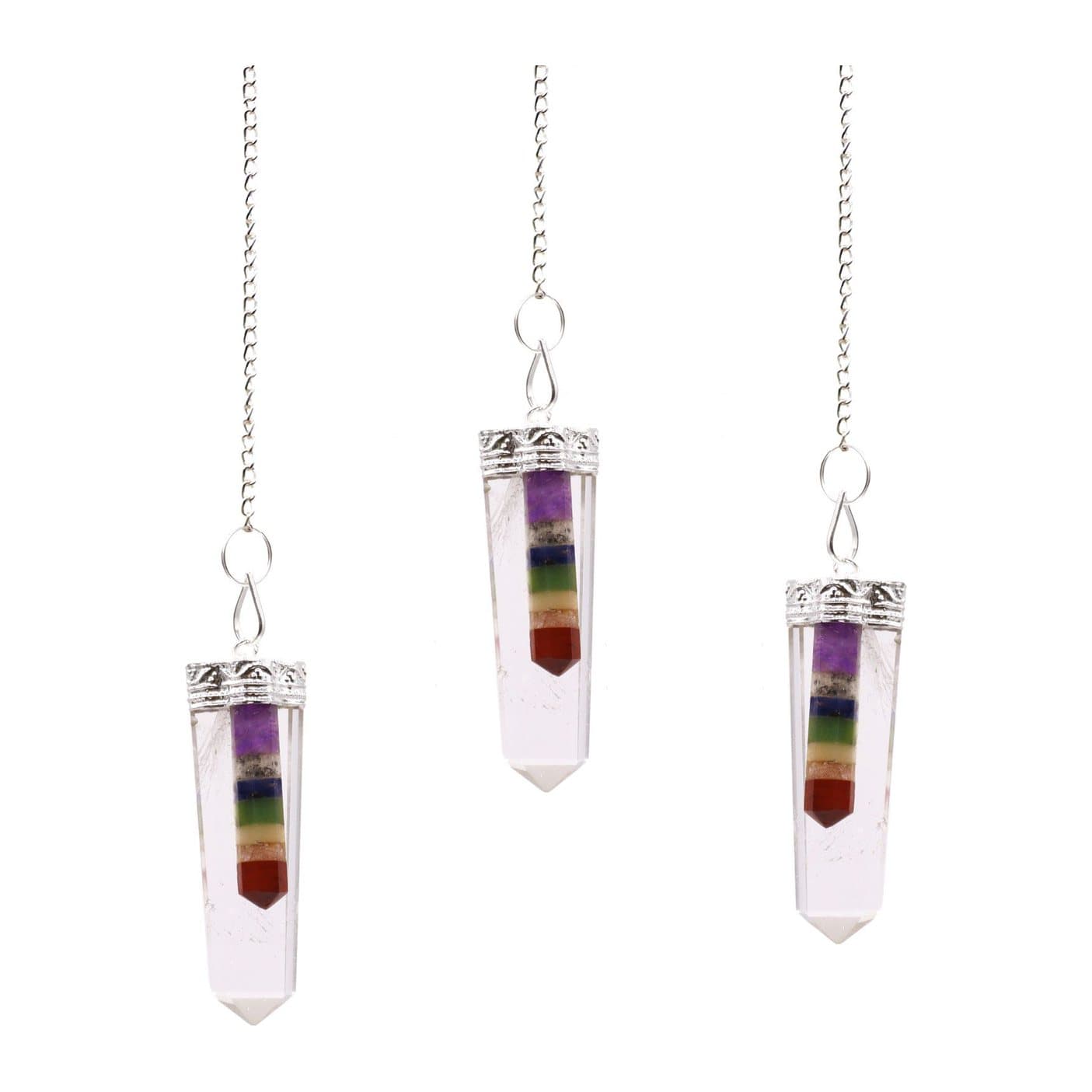 Slim 7 chakra crystal pendulum with clear pointed body and silver chain