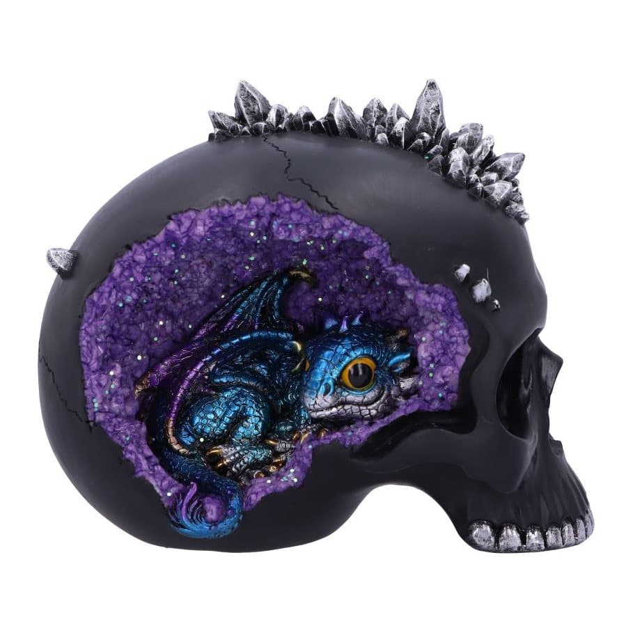 Matte-black skull with violet crystals and a blue dragon hatchling